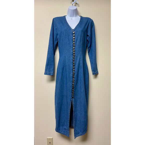 EXPRESS Vintage 80's Denim Long Sleeve Midi Dress Button Front V-Neck, Sz 6 - Picture 2 of 13